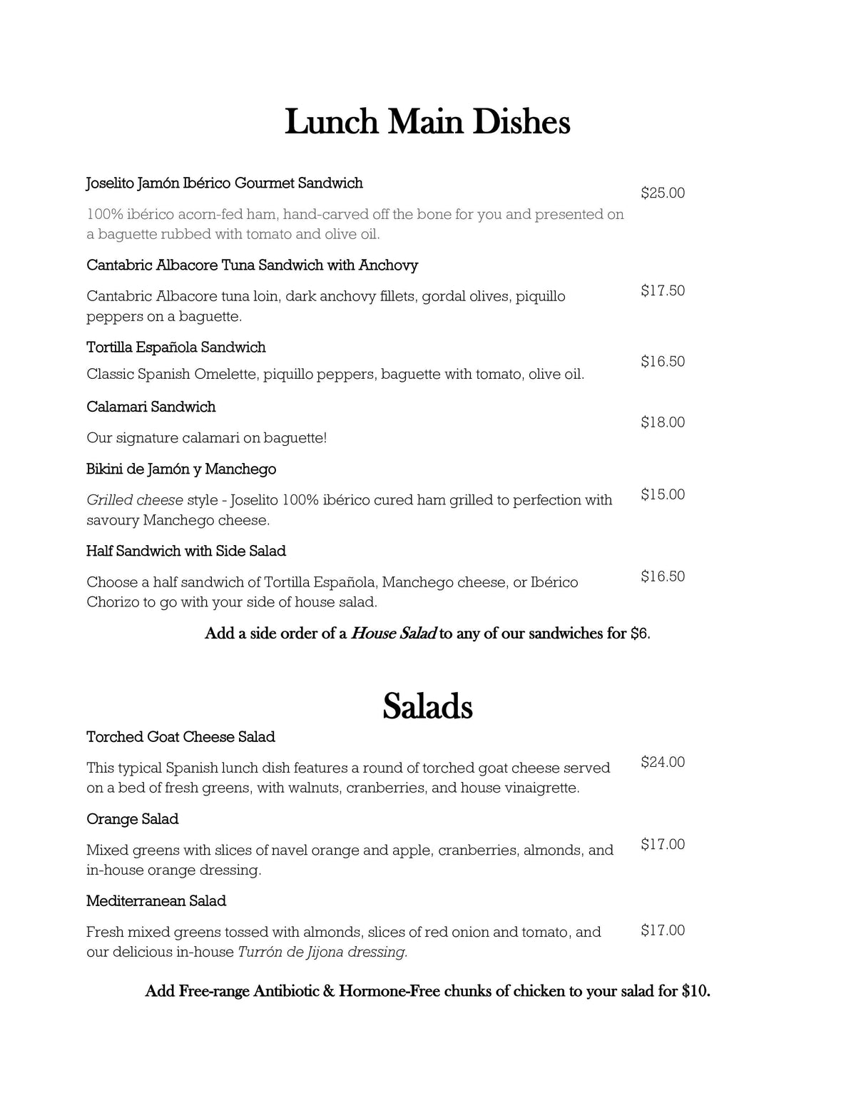 Lunch Menu – Little Barcelona